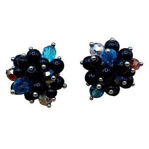 VINTAGE Joan Rivers Shades of Blue Black Raspberry Cluster Bead Pierced Earrings
